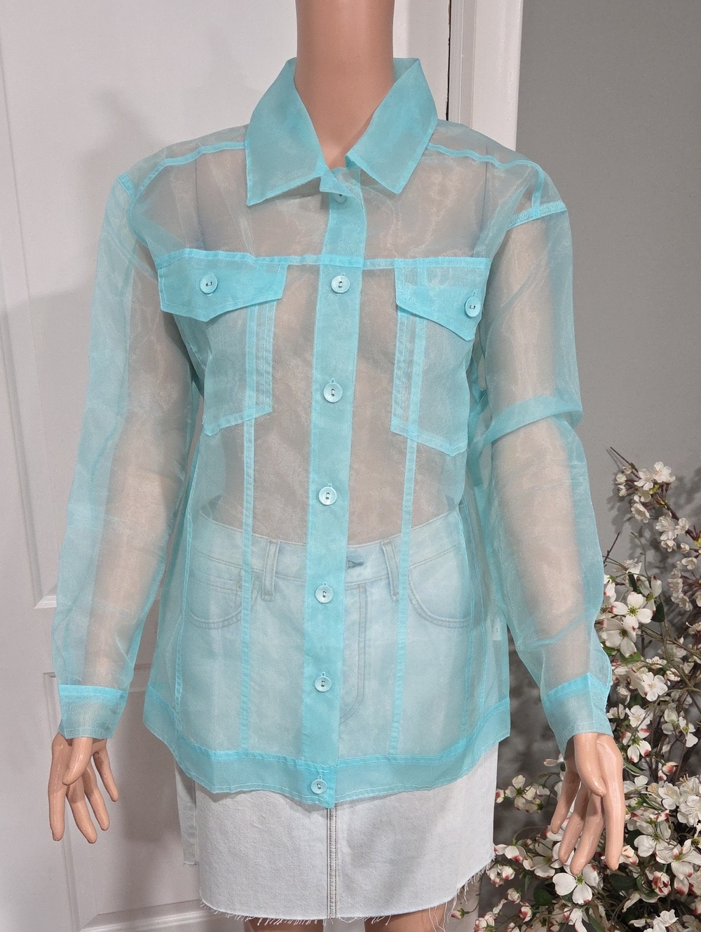 Forever 21 Sheer Button-Down Shirt in Turquoise